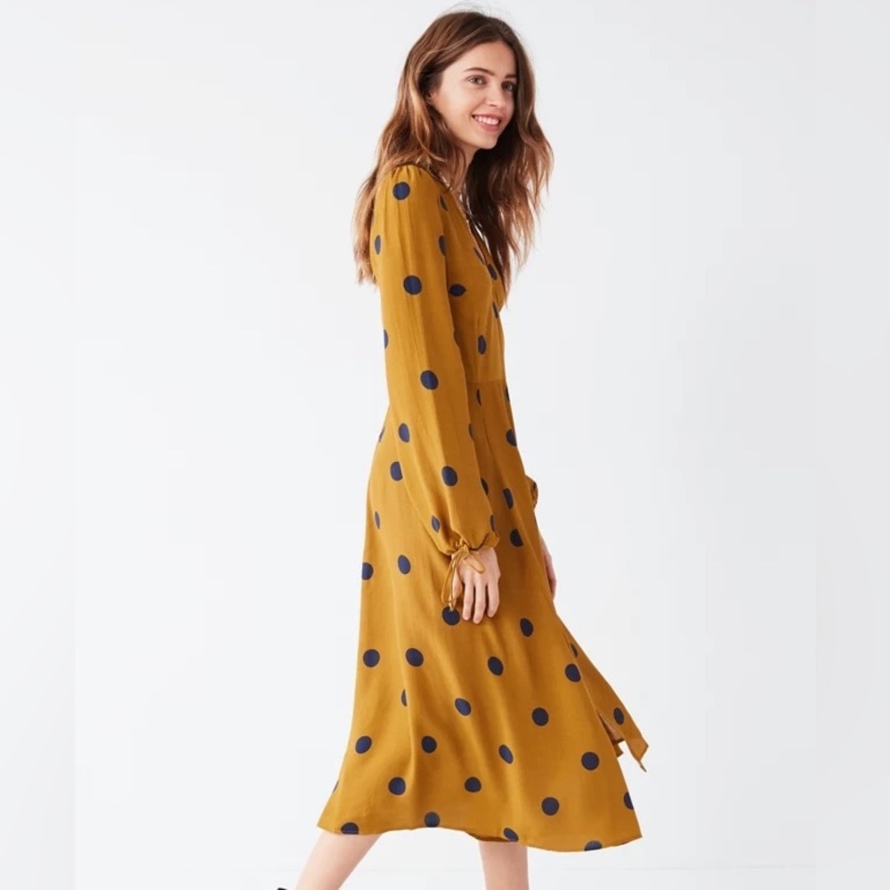 Mustard and navy polka dot midi dress